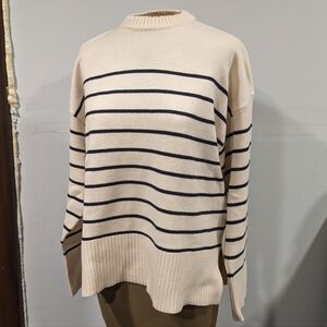 Zara Cream and Navy Striped Crewneck Sweater